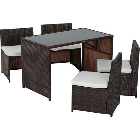 Ensemble salon de jardin 5 pièces polyrotin marron kaki table 4 chaises coussins (1/5)