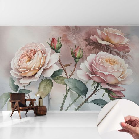Papier peint adhésif décoratif pour chambre et salon Design moderne à poser facilement Roses pastel 416x254 cm (1/5)