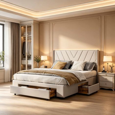 Letto matrimoniale 160x200 cm beige con cassetti, tessuto in lino, rete a doghe, struttura robusta