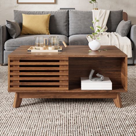 Tavolino da caffè 90x55x57.5 cm noce in MDF con piano sollevabile e anta scorrevole (1/5)