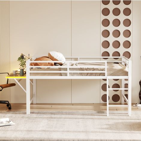 Hochbett 140x200 cm Weiß aus Metall mit Leiter, Schutzgitter, klappbarem Schreibtisch und LED-Beleuchtung (1/5)