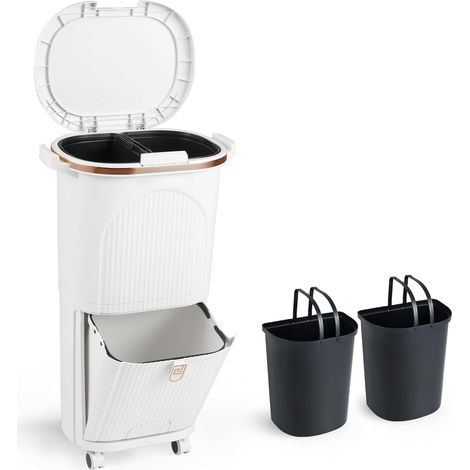 COSTWAY 38 L Pattumiera Differenziata, 3 Scomparti con Coperchi,Pedale e Ruote,Bianco