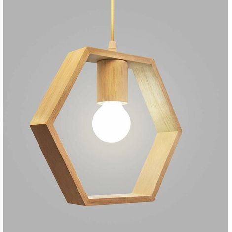 Suspension Bois Hexagonale - 26.5 cm Diamètre x 23 cm Hauteur - Câble Réglable 90 cm - Pour Salle À Manger Bar Restaurant - 1 Pièce (1/5)