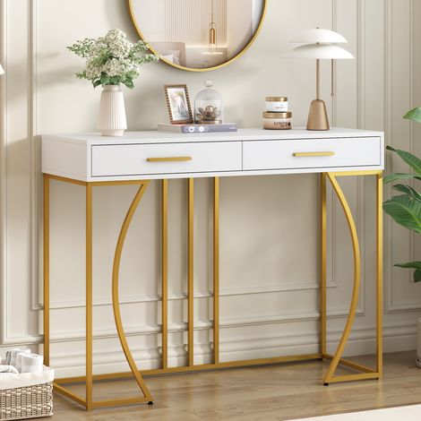 Consola, mesa de recibidor con 2 cajones, mesa auxiliar ligera de estilo lujoso, mesa de sofá, 110x32x85 cm, blanco/dorado