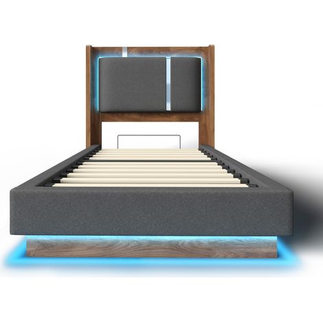 Cama con arcón 90 x 200 cm con somier, LED y elevación hidráulica, gris y nogal (1/5)