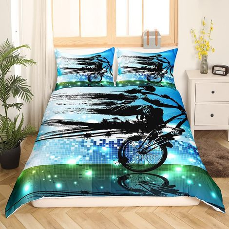 Ensemble de Housse de Couette pour garçons Dirt Bike Sport Ensemble de literie 140x200cm BMX Rider Silhouette Bleu Vert Extrême Vélo Literie 2 Pièces pour Enfants Hommes Microfibre - 140 x 200 cm (1/5)