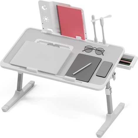 FIANAO – Laptop Schoßtisch – höhen- und winkelverstellbar, faltbar – mit Kühlventilator, Lampe & Schublade, rutschfeste Platte, 56 × 32 × 26–36 cm, Grau (1/5)