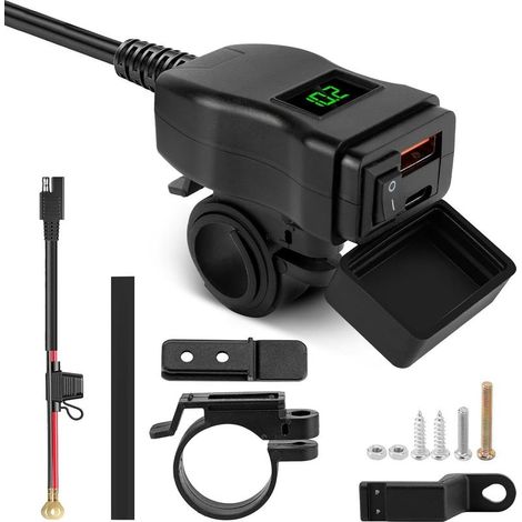 Adaptateur de Charge Moto, voltmètre, Interface USB-A et Type-C, 12 V-24 V, Universel, étanche, Protection IP65, Moniteur de Tension, Sortie 5 V/3,4 A (Vert, USB+Type-C) (1/5)