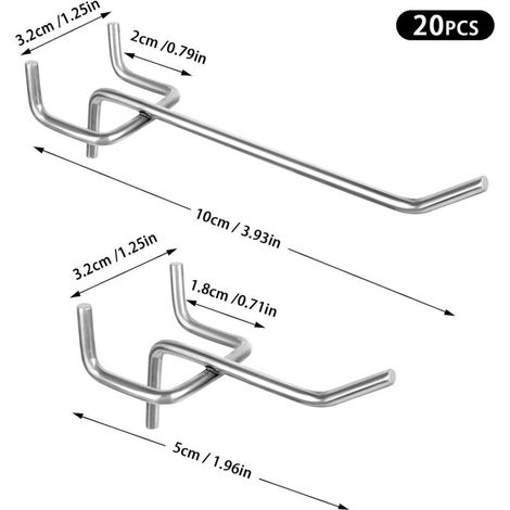 40 ganci per pannelli forati (5 cm e 10 cm) Semplici ganci in acciaio per pannelli forati, assortimento di accessori per negozi e showroom. (1/4)