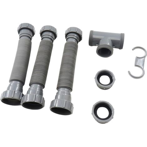 Kit de vidange réglable pour évier double, tuyaux extensibles 20-80 cm, plastique gris, avec joints silicone et adaptateurs (1/5)