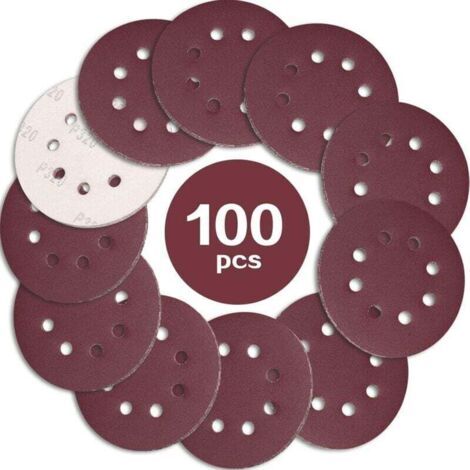 Disques abrasifs pour ponceuse excentrique – 100 unités, diamètre 125 mm, grain 320, papier abrasif perforé 8 trous (1/2)