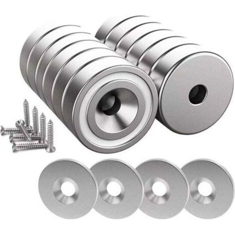 12 aimants néodyme force 10 kg 20 x 7 mm avec trou et capsule, aimant à tête fraisée avec vis et 12 pastilles en acier (argent brillant) (1/4)