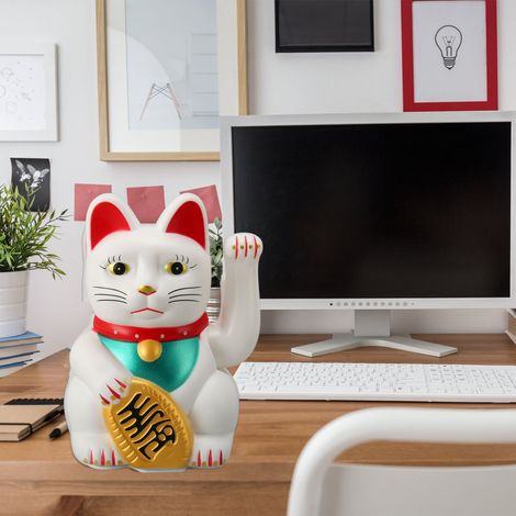 Figura eléctrica Maneki Neko Gato de la Suerte 0256C Estatua Mascota Amuleto de la Suerte 15cm Plástico Blanco [Decoración Amuleto de la Suerte] (1/5)