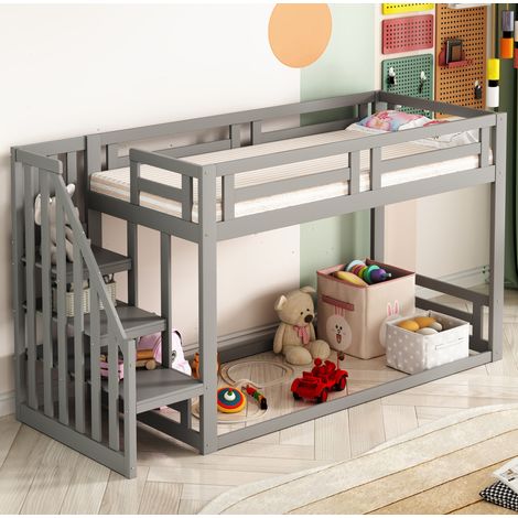Letto a castello per bambini 90x200 cm grigio in legno con scala contenitore (1/5)