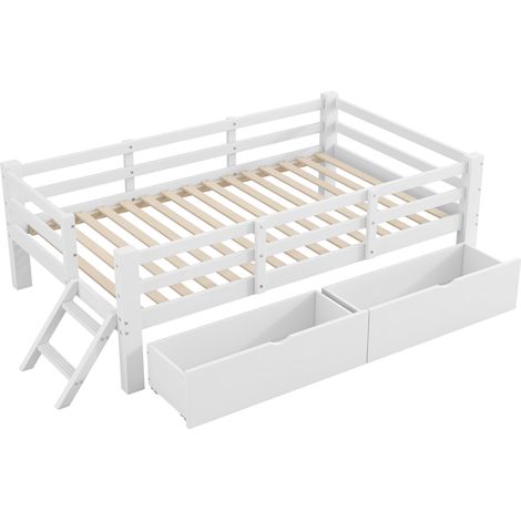 GagaLit plateforme en bois 90x200 avec garde-corps de sécurité et 2 tiroirs, blanc (1/5)