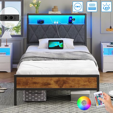 Cadre de lit 90x200 avec sommier métal, lit 1 personne avec lumières LED, multiprise (2 prises ca, port USB + Type C), lit 90x200cm en métal avec rangement, facile à assembler marron (1/5)