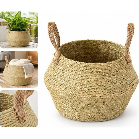 1 Pièce Panier en Herbe Tressée pour Plantes, Diamètre d'Ouverture 21 cm, Ventre 27 cm, Hauteur 18 cm, Cache-Pot Pliable (1/5)