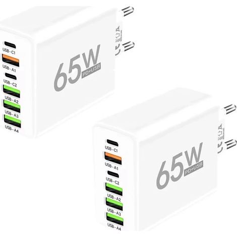 Paquete de 2 cargadores de 65 W, 2 puertos USB-C, 3 puertos USB-A, regleta, para el hogar, la oficina y los viajes. (1/5)