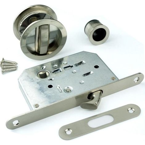 Kit de verrouillage pour porte coulissante avec rosace ronde Ø58 mm, pêne de verrouillage, en acier finition nickel satiné (1/4)