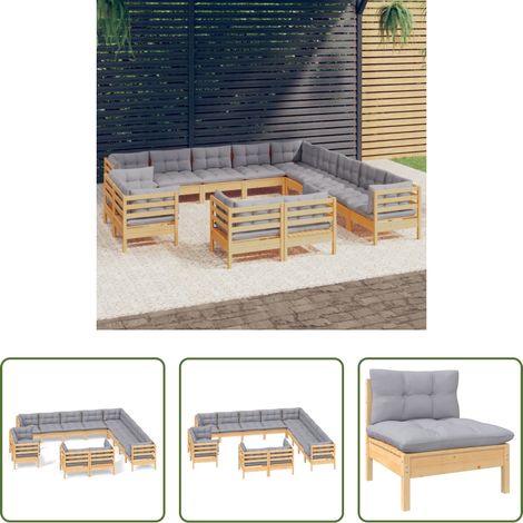 Terrassensofa - 13-tlg. Garten-Lounge-Set mit Grauen Kissen Massivholz Kiefer (1/5)