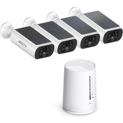 Caméra de Surveillance WiFi Extérieure sans Fil, Panneau Solaire Intégré, avec Homebase, Vision Nocturne en Couleur, Audio Bidirectionnel, Stockage Local 64G, ARCCTV Kit 4 Caméras 4MP