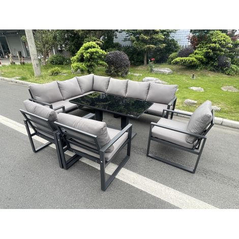 Fimous Aluminum Outdoor Garden Furniture Corner Sofa Chair Adjustable Rising Lifting Dining Table Sets Black Tempered Glass Dark Grey 9 Seater (1/5)