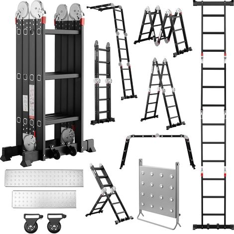 TEENO Escalera Multifunción 7 en 1, 3,6 M, 4 x 3 escalones, Escalera Plegable de Aluminio con 2 Plataformas, Soporte de Trabajo para Escalera, Patas de Goma, 2 Ruedas Extraíbles, Carga 150 kg, Negro (1/5)