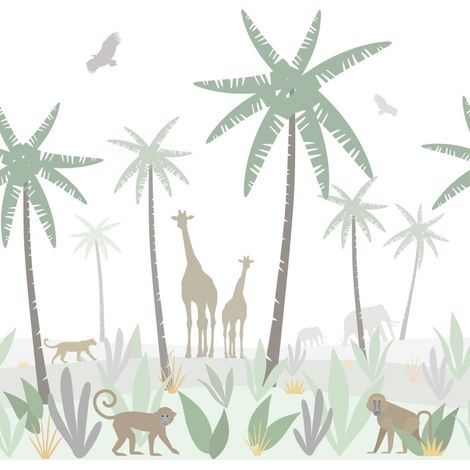 papier peint panoramique animaux de la jungle vert, gris et marron  - ESTAhome (1/5)
