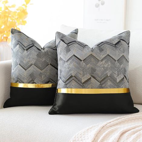 Fundas de cojín de piel dorada, juego de 2, 45x45 cm, costuras onduladas, rayas, sofá, cama, coche, decoración moderna minimalista de lujo en negro (1/4)