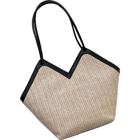 Sac à épaule femme grande capacité, sac sous le bras en paille et cuir, tote classique noir (1/5)