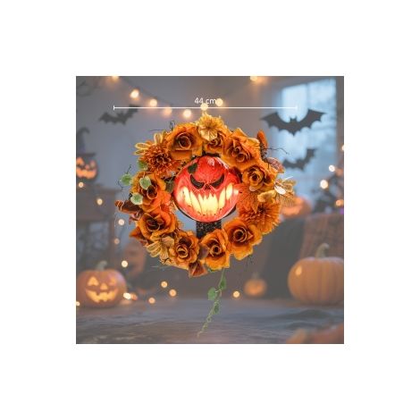 Couronne d'Halloween, design citrouille effrayante, feuilles d'automne, effets lumineux, plastique (1/5)