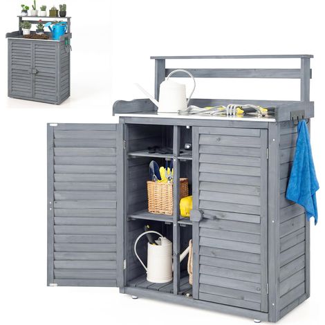 Table de Rempotage en Bois à 2 Etagères Réglables, Meuble Rangement Extérieur Résistant aux Intempéries, Table de Culture avec Plan de Travail pour Terrasse, Cour (Gris) (1/5)