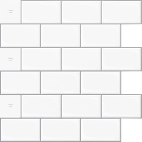 Lot de 10 Carreaux Adhésifs pour Cuisine,Blanc avec joint Gris  Pour Cuisine,Salle de Bains,Salon, Peler et Coller (1/5)