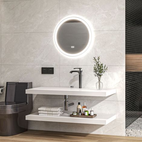 Runder, LED-beleuchteter Badezimmerspiegel Ø 70 cm zur Wandmontage mit 3-farbiger Beleuchtung, Berührungsschalter, 23 W, weiß/silber