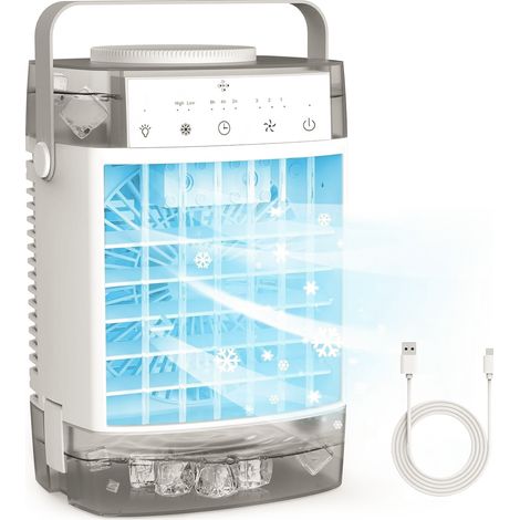Climatiseurs portables, petit ventilateur personnel 4 en 1 avec réservoir d'eau de 1 000 ml, minuterie, 3 brumisateurs, 7 veilleuses, chargement USB. (1/5)