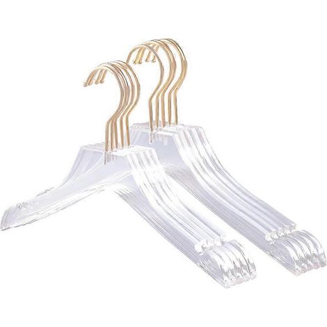 Set mit 5 durchsichtigen Acryl-Kleiderbügeln mit goldenem Haken, Kleiderbügel für Hemden und Kleider mit Kerben für Damen und Kinder (Größe L). (1/5)