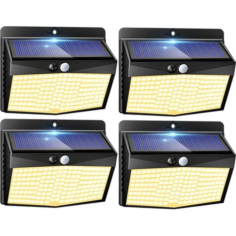 Lampe Solaire Exterieur Detecteur de Mouvement Lot de 4, LED Lumiere Extérieur avec Détecteur, 3 Modes/etanche Spot Solaire, Eclairage Extérieure pour Jardin Murale Garage, Blanc Chaud (1/5)