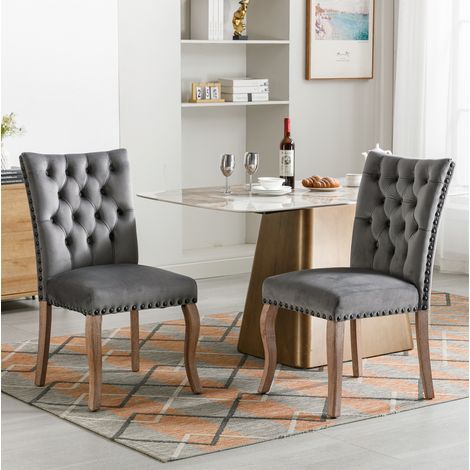 Sedie da pranzo in velluto grigio con gambe in legno massiccio e dettagli decorativi in rame,49x63x95cm (1/5)
