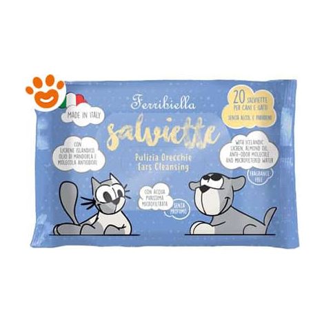 Ferribiella Dog & Cat Salviette Pulizia Orecchie - Confezione 20 Salviette - Igiene Cane