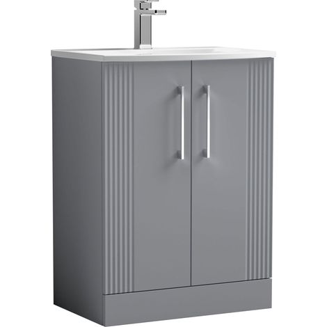 Nuie Deco Satin Grey 600mm 2 Door Vanity Unit and Curved Ceramic Basin - DPF225G (1/5)