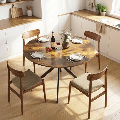 Mesa de comedor redonda para 4 personas, mesa de cocina de estilo industrial con patas de acero, para comedor, cocina, color marrón rústico.