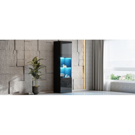 Vitrine en verre noir brillant, équipée de lumières LED. Dimensions : 45×35×160 cm. Type de vitrine : indépendante. C’est un meuble de rangement et de stockage.