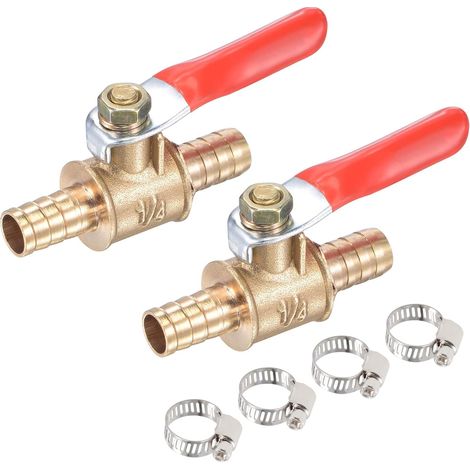 Air Vanne à bille Fermer Arrêt Interrupteur 8mm Tuyau Barbillon à 8mm Tuyau Barbillon avec Pinces Rouge Poignée 2Pcs (1/4)