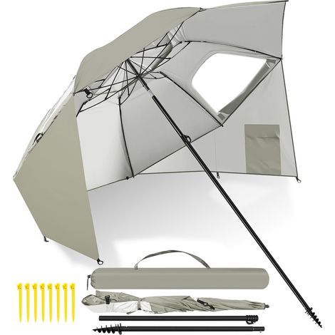 Wolketon Strandschirm 210 cm Sonnenschirm mit UV Schutz 50+, neigbar mit Erdspieß und Tragetasche, wasserabweisender Gartenschirm für Strand, Garten & Balkon – Beige mit Spiral-Erdspieß