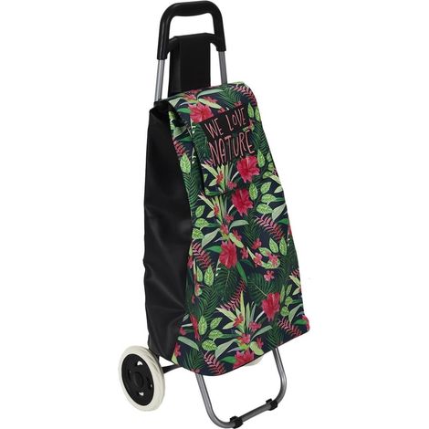 Altobuy – Chariot de course 2 roues en plastique motif jungle rose et vert H95cm – Sac 100% polypropylène – Livré monté