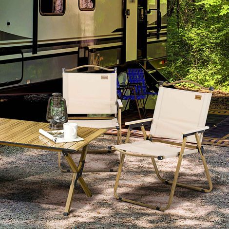 Campingstuhl 2er Set faltbarer Gartenstuhl mit Stahlrahmen, Holzoptik, Klappsessel für Pool, Strand, Oxford, Khaki Aosom