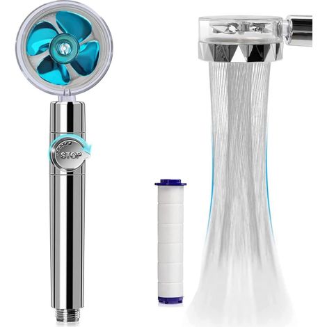Douche à économie d'eau haute pression, pivotante à 360 °, avec filtre, pommeau de douche turbo spa avec ventilateur et interrupteur (bleu) (1/5)
