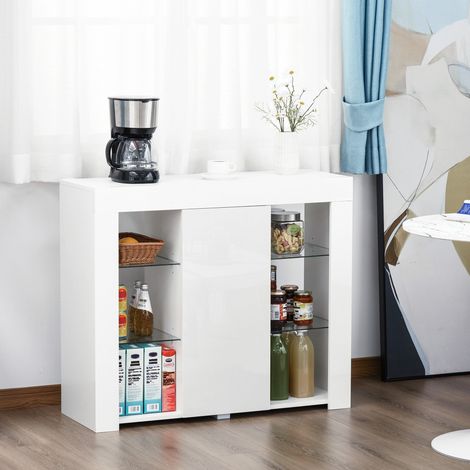 Modernes Sideboard mit LED-Beleuchtung und Glasböden, vielseitiger Holzschrank mit Hochglanzlackierung, 97 x 35 x 83 cm, Weiß
