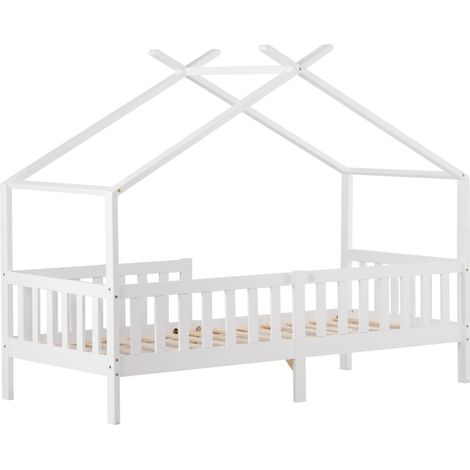 Cama cabaña infantil blanca 200 x 90 cm con barandilla, somier de láminas y marco de pino (1/5)