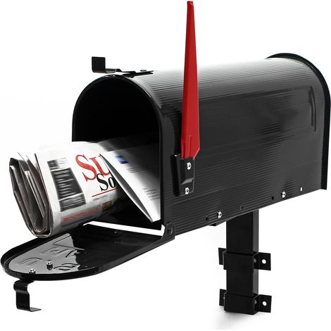 Wiltec Set US Mailbox schwarz 180 x 220 x 480 mm, amerikanischer Briefkasten mit Fahne, Standbriefkasten Stahl amerikanisches Design mit passender Wandhalterung